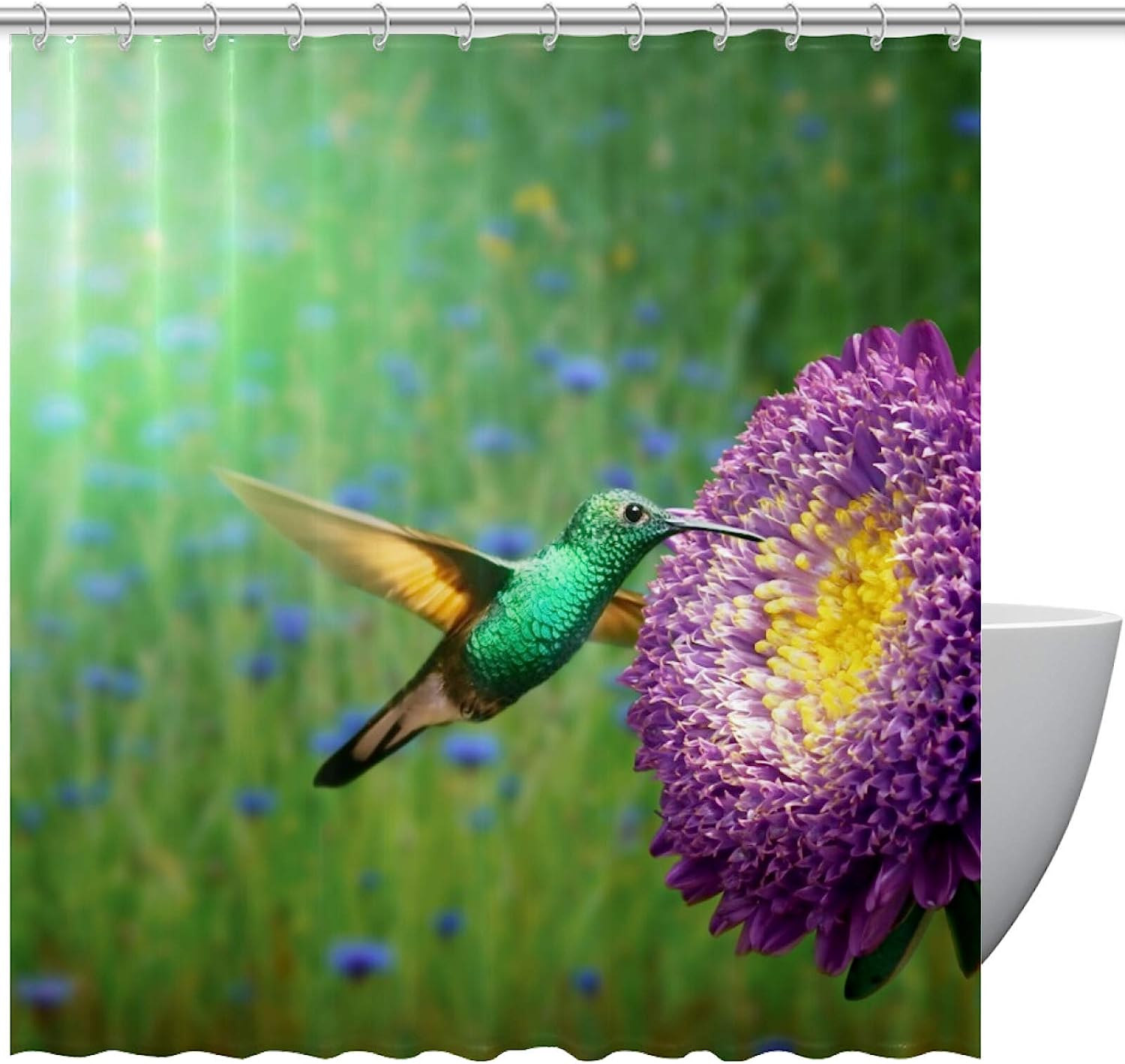 Flower Hummingbird Fantasy Shower Curtain Waterproof Washable Fabric for Guest Bathroom