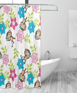 Flower Monkey Print Waterproof Fabric Shower Curtain for Modern Bathroom Decor