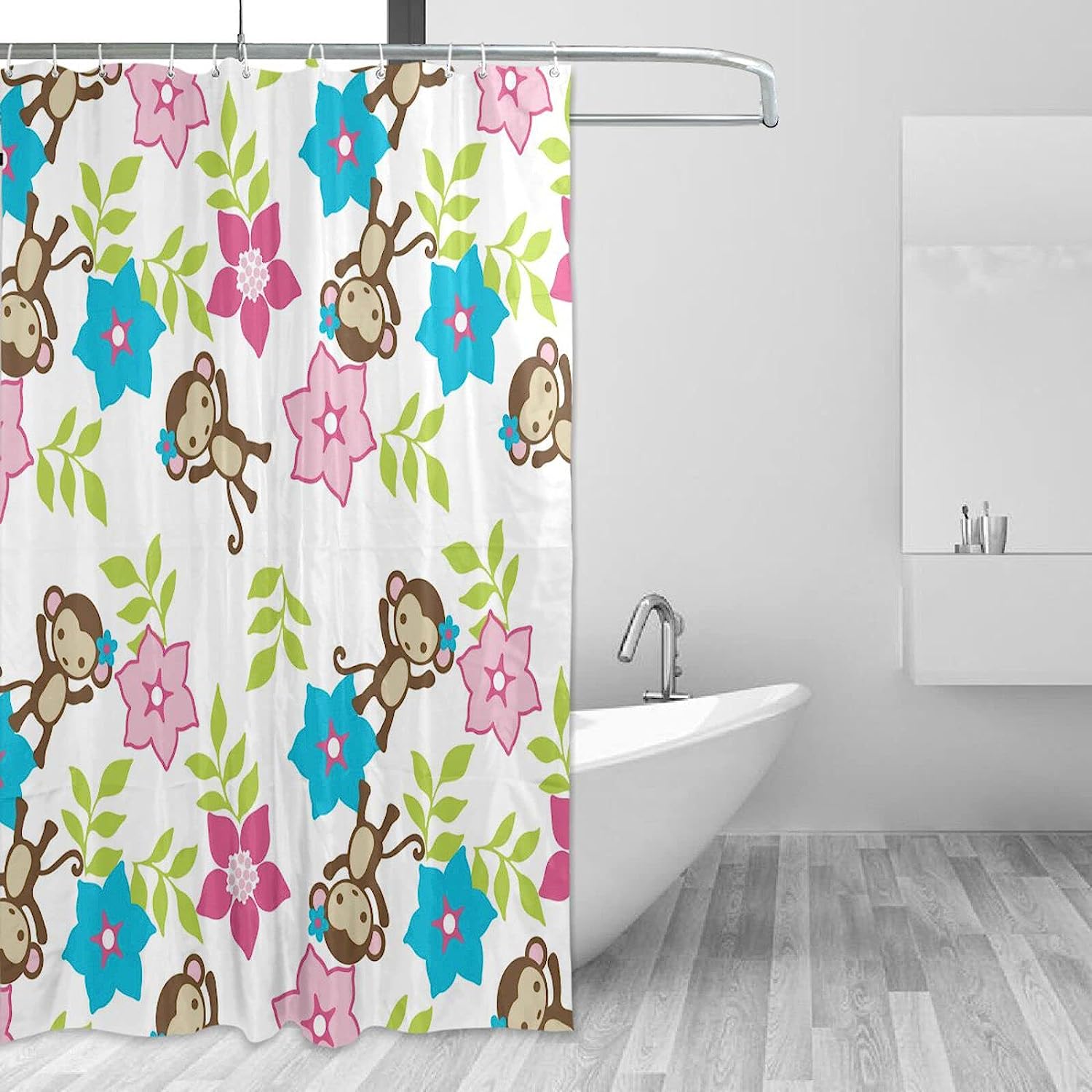 Flower Monkey Print Waterproof Fabric Shower Curtain for Modern Bathroom Decor