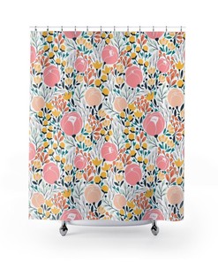 Flower Patterned Bathroom Accessories, Watercolor Shower Curtain Set With Hooks