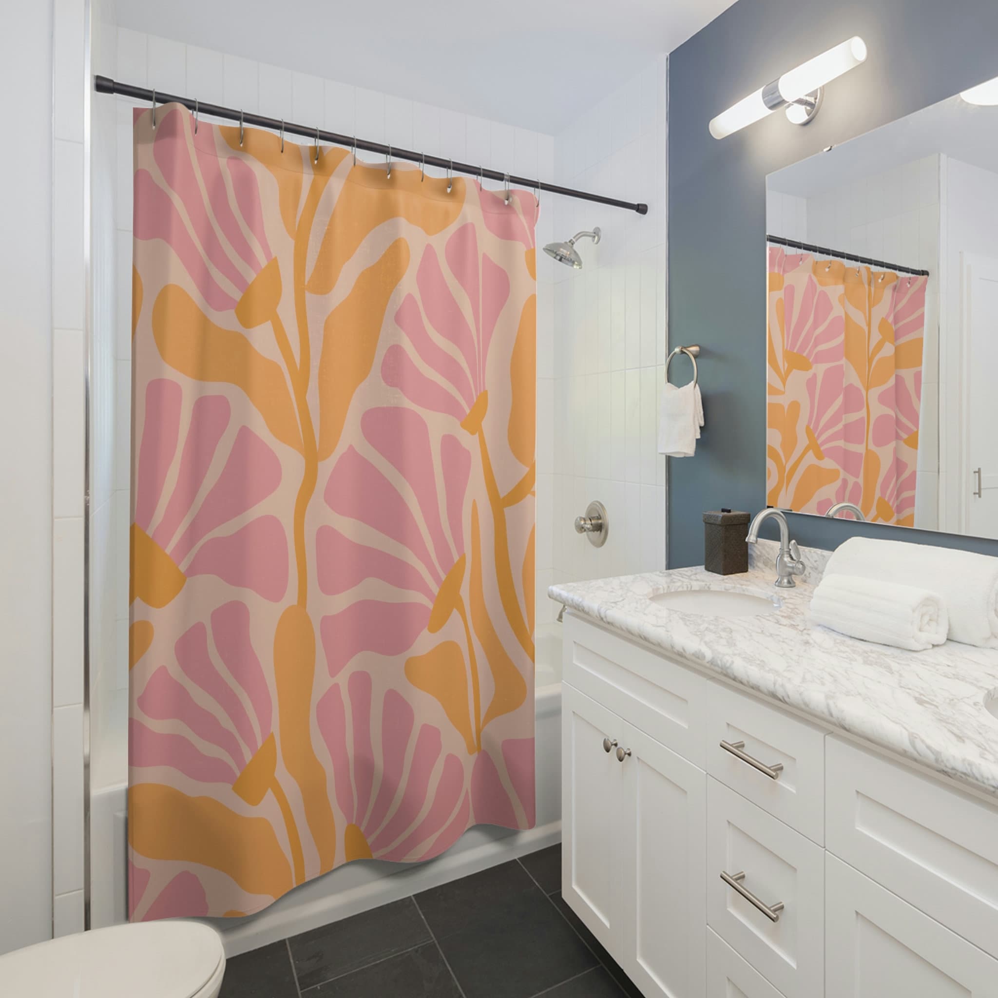 Flower Patterned Bathroom Accessory - Elegant Floral Shower Curtain, Nature Theme, Perfect Bathroom Decor