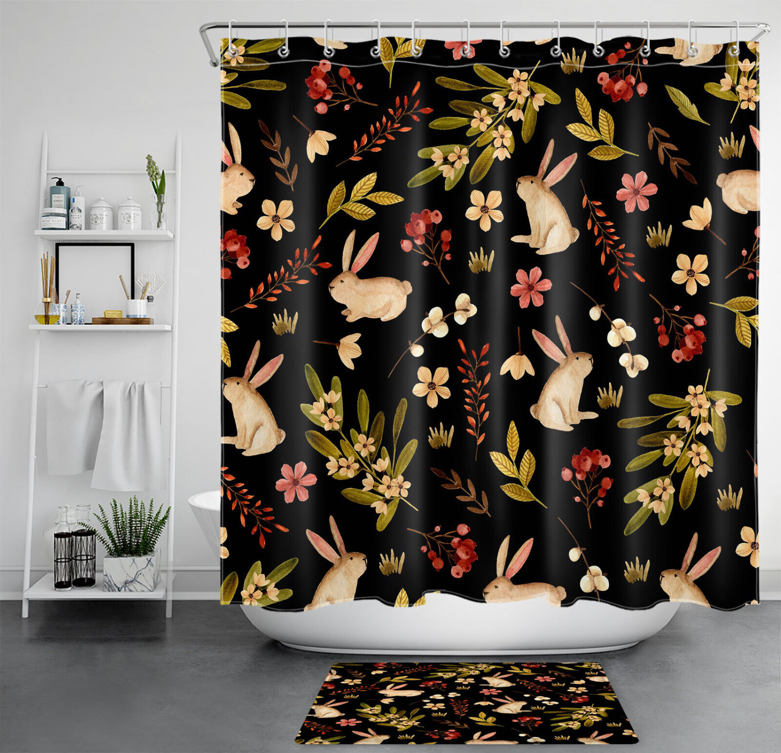 Flower Rabbit Black Botanical Leaf Shower Curtain Set