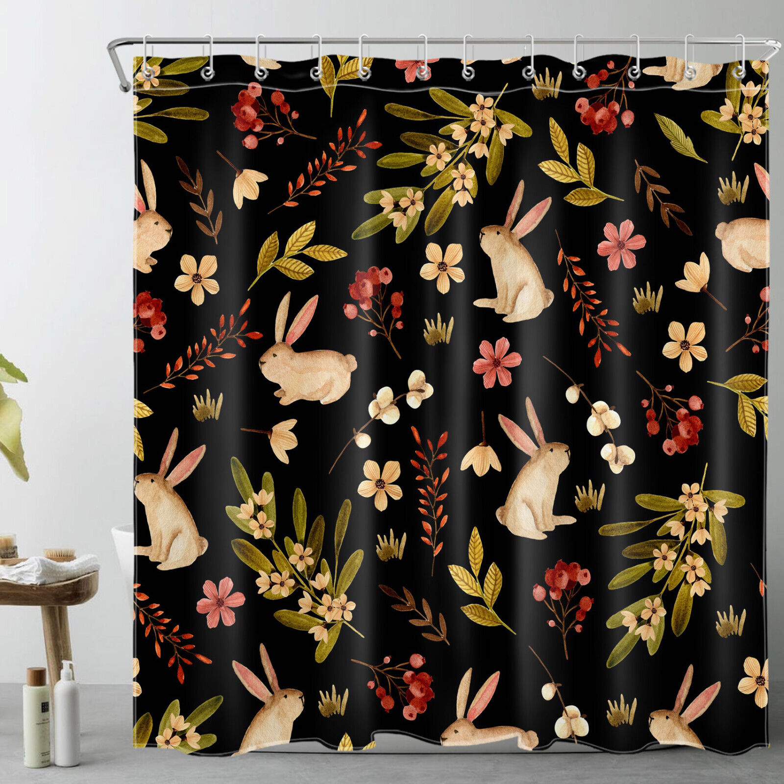 Flower Rabbit Black Botanical Leaf Shower Curtain Set - Image 2