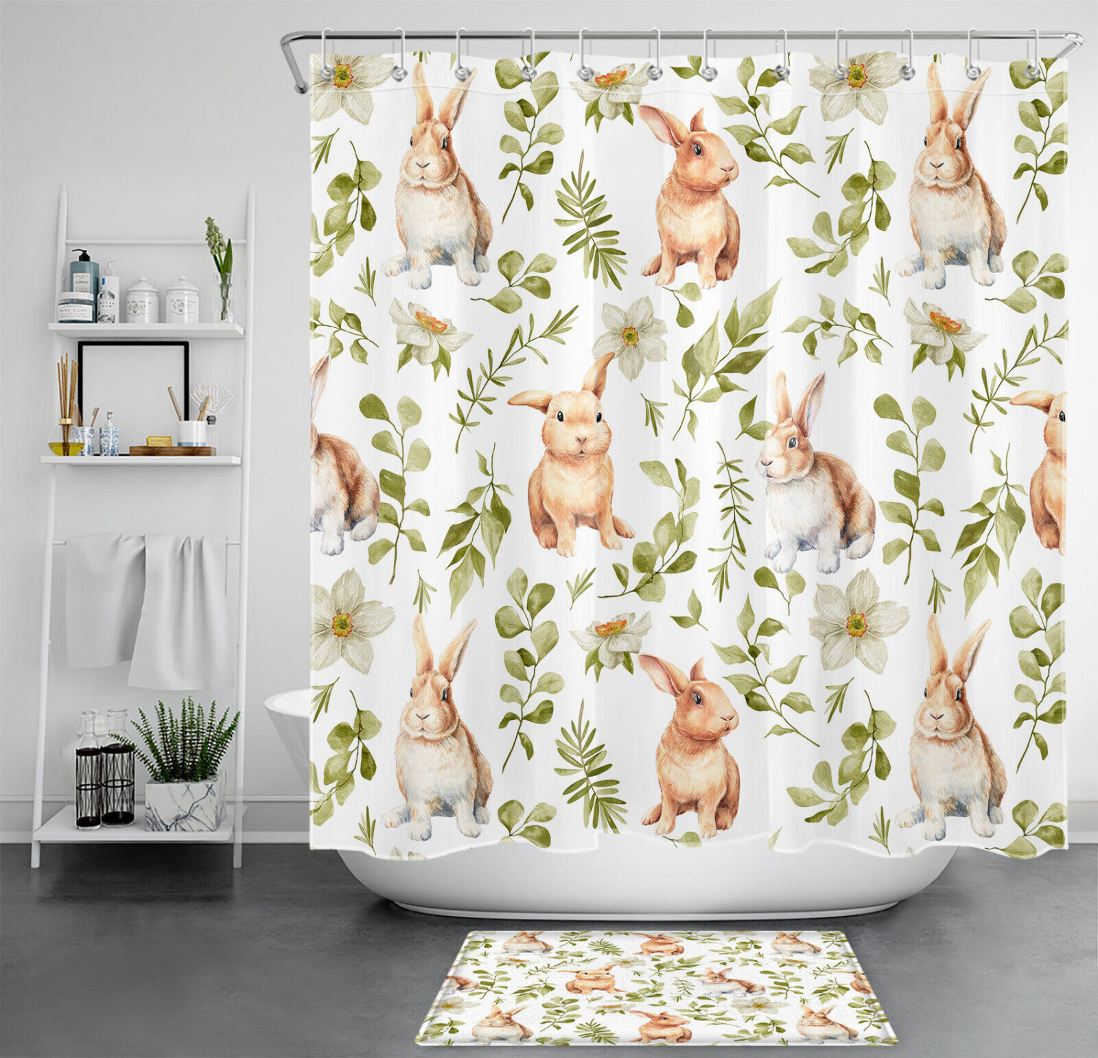 Flower Rabbit White Botanical Leaf Shower Curtain Set