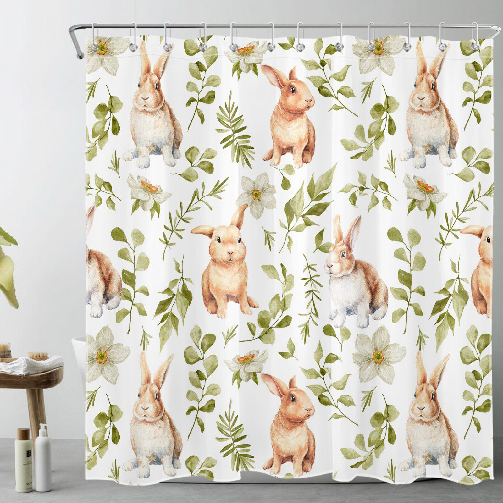 Flower Rabbit White Botanical Leaf Shower Curtain Set - Image 2