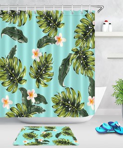 Flower Shower Curtain with Palm Tree Leaves, Summer Tropical Plants, and Nature Design