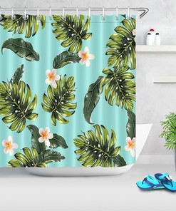 Flower Shower Curtain with Palm Tree Leaves, Summer Tropical Plants, and Nature Design