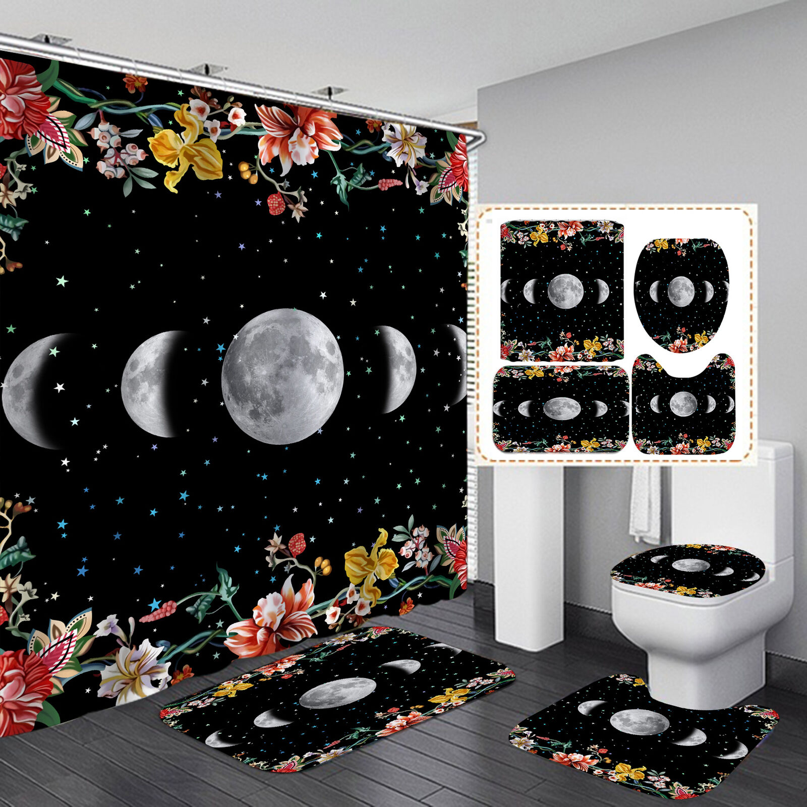 Flower Shower Curtain with Starry Moon Theme