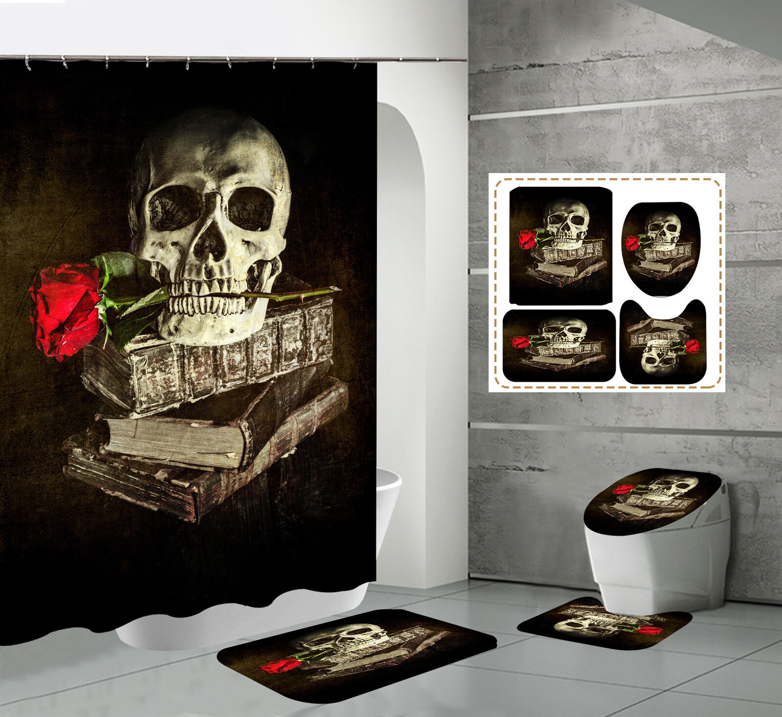 Flower Skull Books Fabric Shower Curtain - Vintage Flower Bathroom Decor