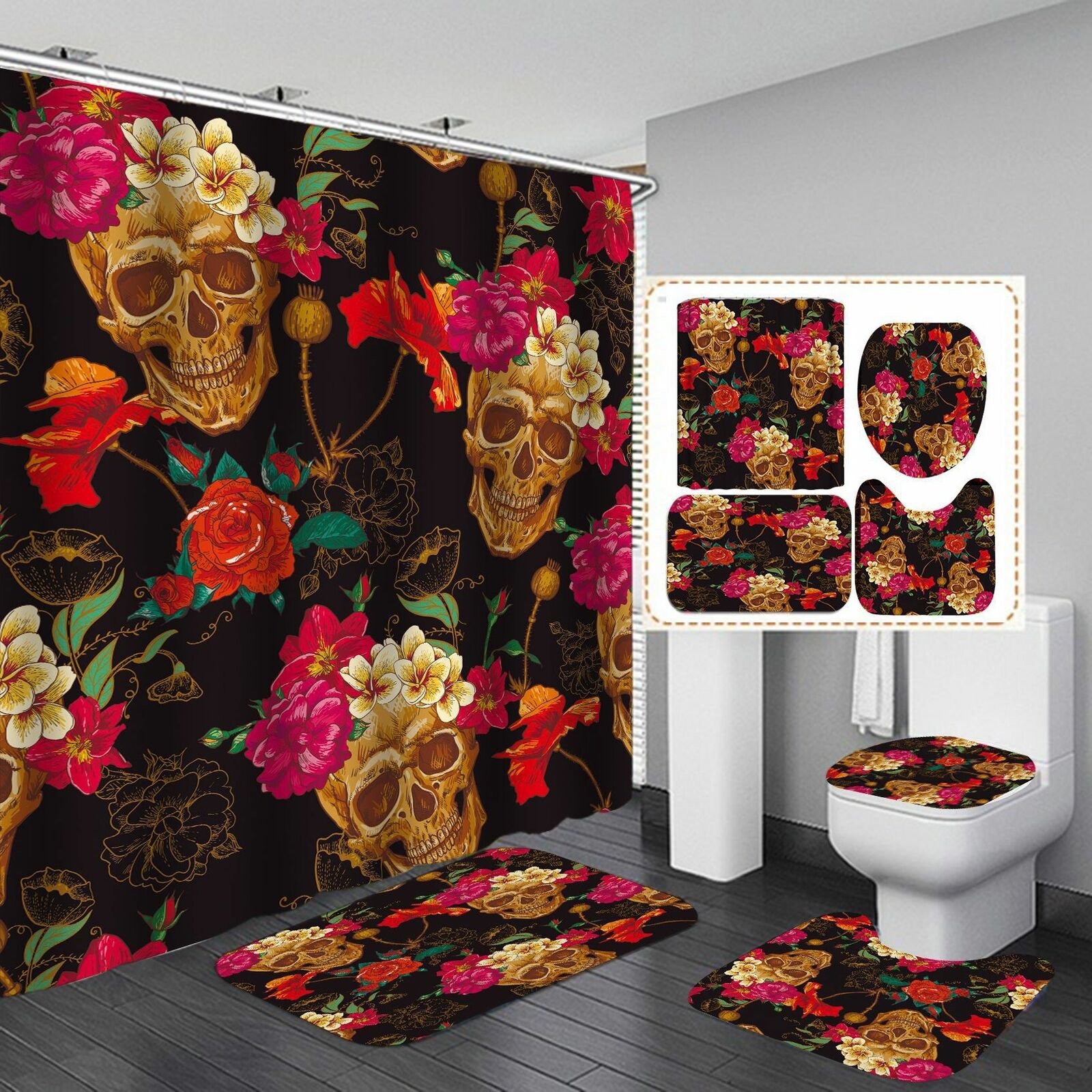 Flower Skull Fashion Waterproof Shower Curtain For Bathroom
