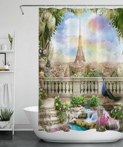 Flower and Peacock Eiffel Tower Sky Garden Shower Curtain for a Chic and Whimsical Bathroom