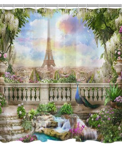 Flower and Peacock Eiffel Tower Sky Garden Shower Curtain for a Chic and Whimsical Bathroom