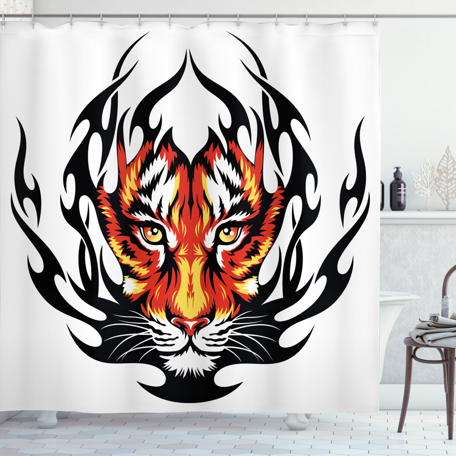 Flower and Skull Tattoo Print Shower Curtain for Bathroom