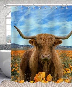 Flowers And Bull Highland Cow Fabric Shower Curtain For Farmhouse Bathroom
