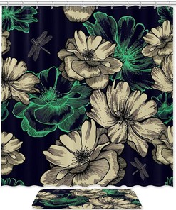 Flowers Dragonflies Vintage Bathroom Shower Curtain for Nature Lovers