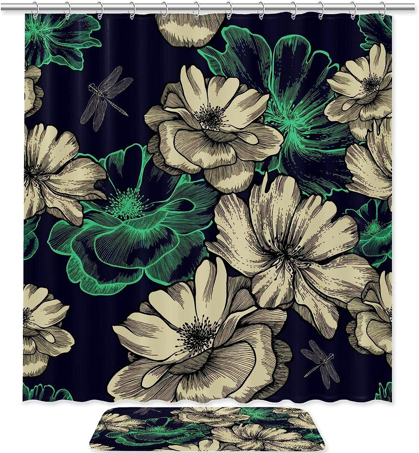 Flowers Dragonflies Vintage Bathroom Shower Curtain for Nature Lovers