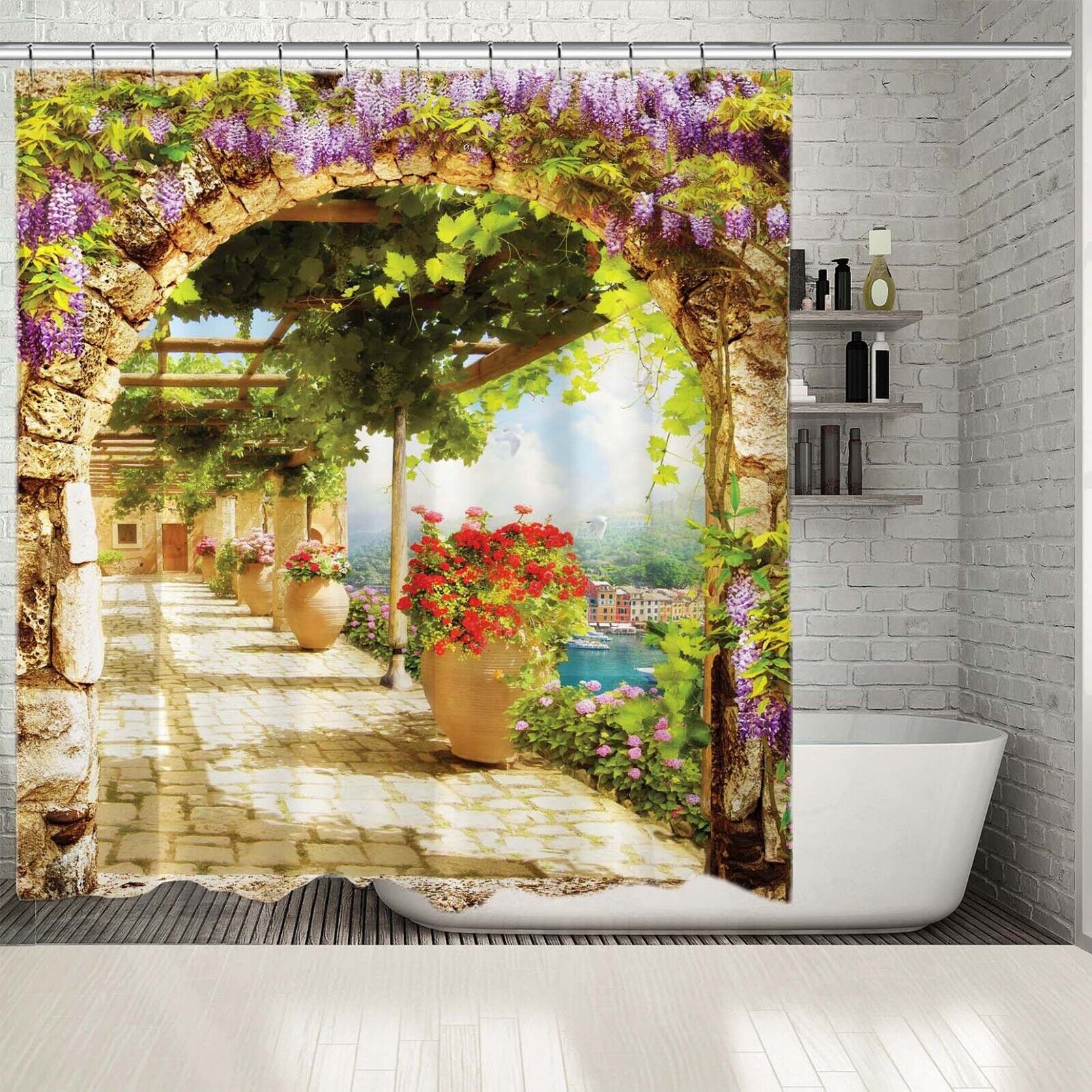 Flowers Garden By The River Balcony View Shower Curtain For Bathroom Decor - Image 2