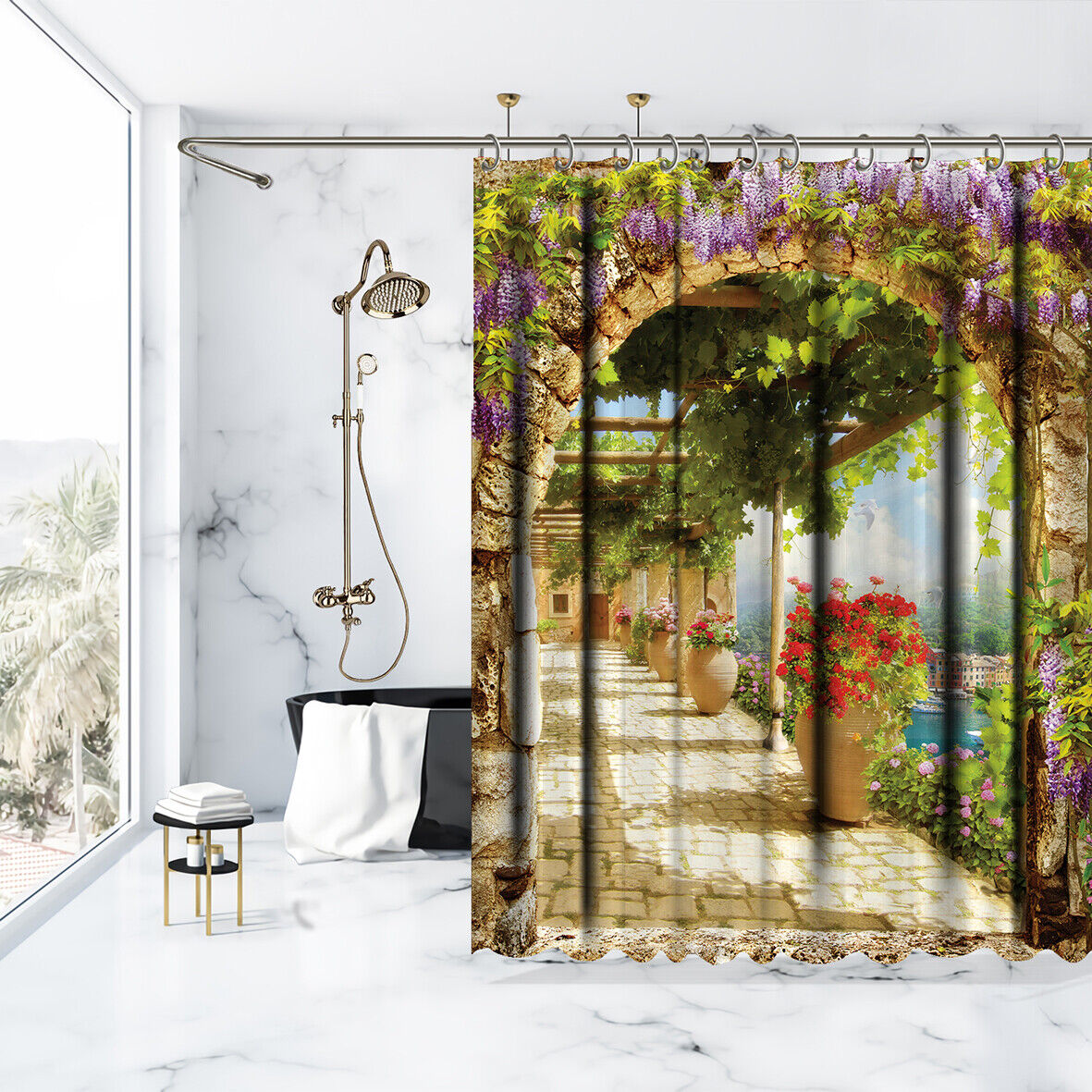Flowers Garden By The River Balcony View Shower Curtain For Bathroom Decor - Image 3