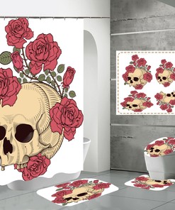 Flowers Print Skull Shower Curtain - Gothic Bathroom Decor with Skeleton and Floral Design