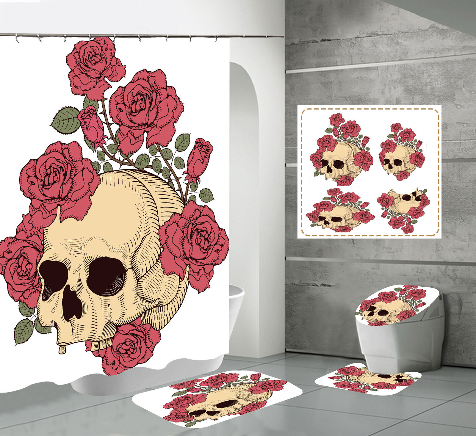 Flowers Print Skull Shower Curtain - Gothic Bathroom Decor with Skeleton and Floral Design