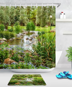 Flowers Trees Pond in a Garden Shower Curtain for Spring Bathroom 