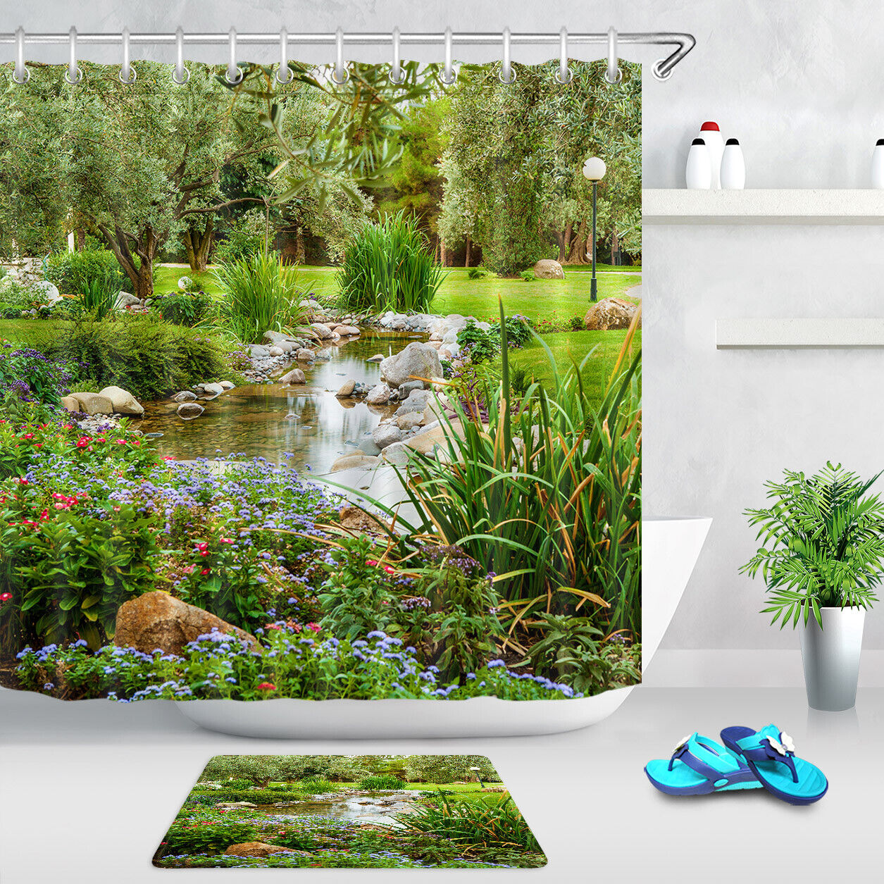 Flowers Trees Pond in a Garden Shower Curtain for Spring Bathroom