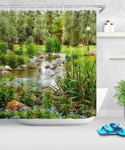 Flowers Trees Pond in a Garden Shower Curtain for Spring Bathroom