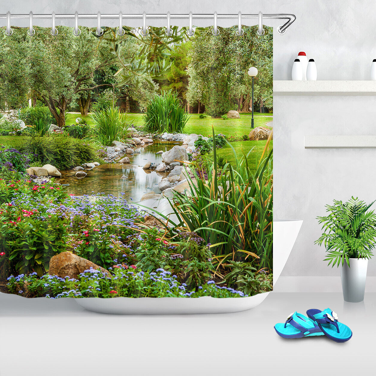 Flowers Trees Pond in a Garden Shower Curtain for Spring Bathroom