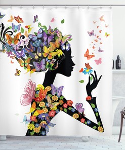 Flowers With Butterfly Print Colorful Shower Curtain, Perfect For Springtime Bathroom Decorr
