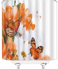 Flowers and Butterfly Shower Curtain, White and Orange with Creative Design