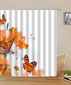 Flowers and Butterfly Shower Curtain, White and Orange with Creative Design