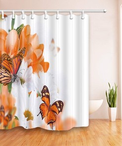 Flowers and Butterfly Shower Curtain, White and Orange with Creative Design