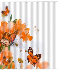 Flowers and Butterfly Shower Curtain, White and Orange with Creative Design