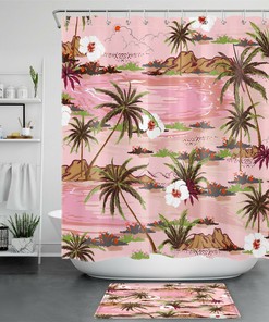 Flowers and Green Palm Trees Tropical Ocean Shower Curtain, for Bathroom Accessory 