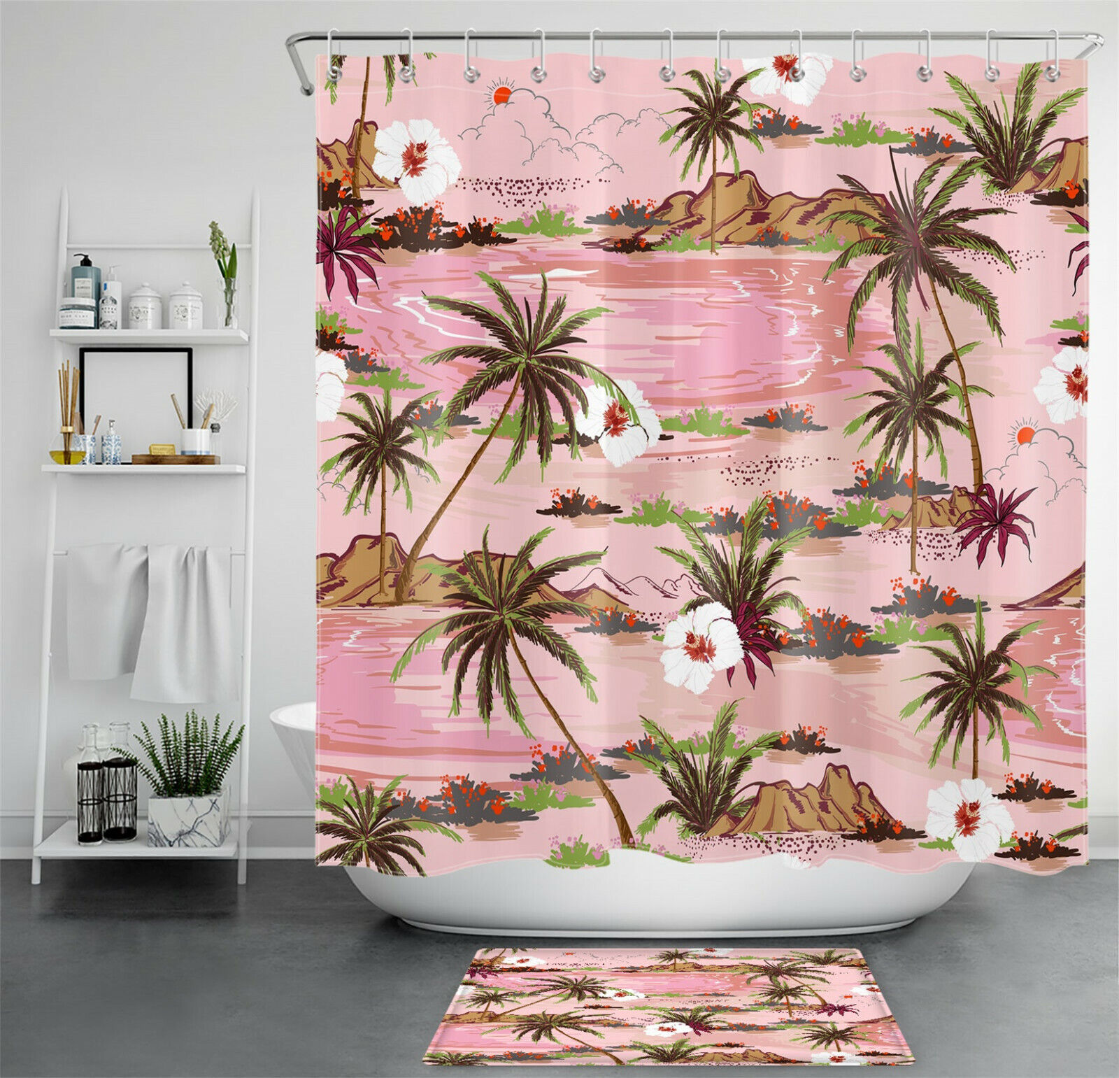 Flowers and Green Palm Trees Tropical Ocean Shower Curtain, for Bathroom Accessory