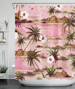 Flowers and Green Palm Trees Tropical Ocean Shower Curtain, for Bathroom Accessory