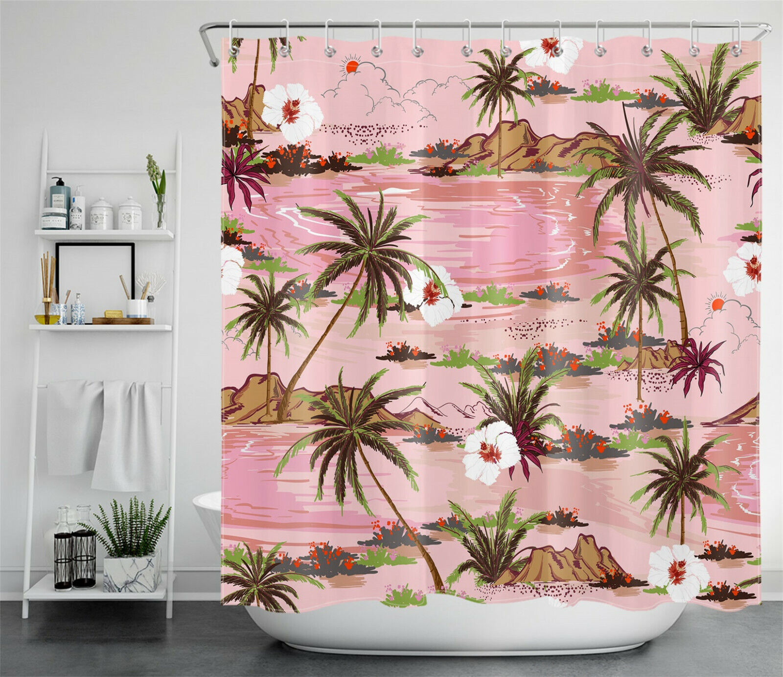 Flowers and Green Palm Trees Tropical Ocean Shower Curtain, for Bathroom Accessory