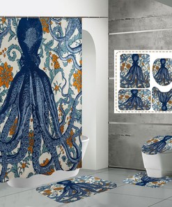 Flowers and Octopus Shower Curtain with Ocean Theme - Durable Fabric Bath Curtain for Bathroom Showers and Bathtubs