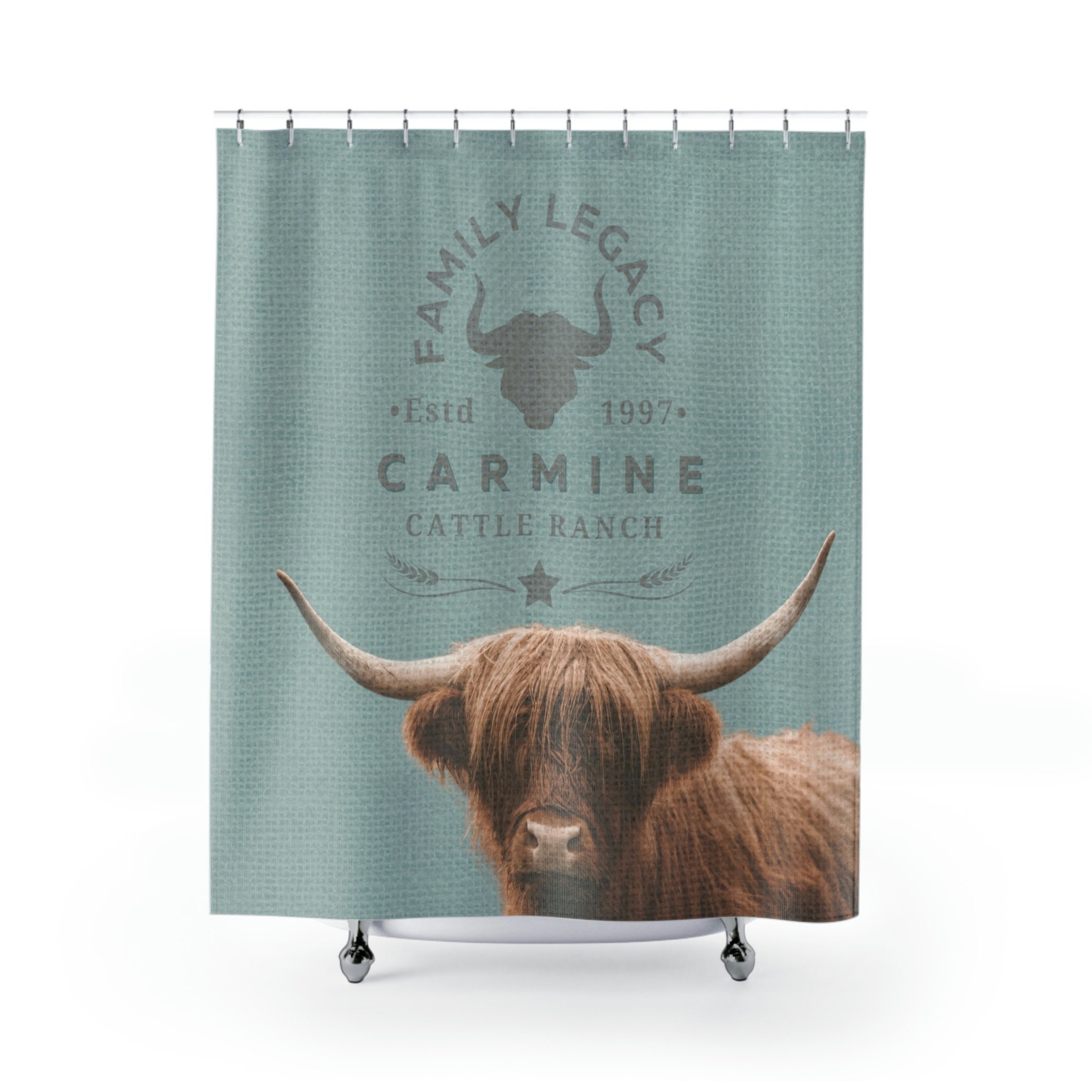 Fluffy Cow Bath Decor Shower Curtain - Rustic Cattle Farmhouse Curtain With Burlap Grain Sack Effect