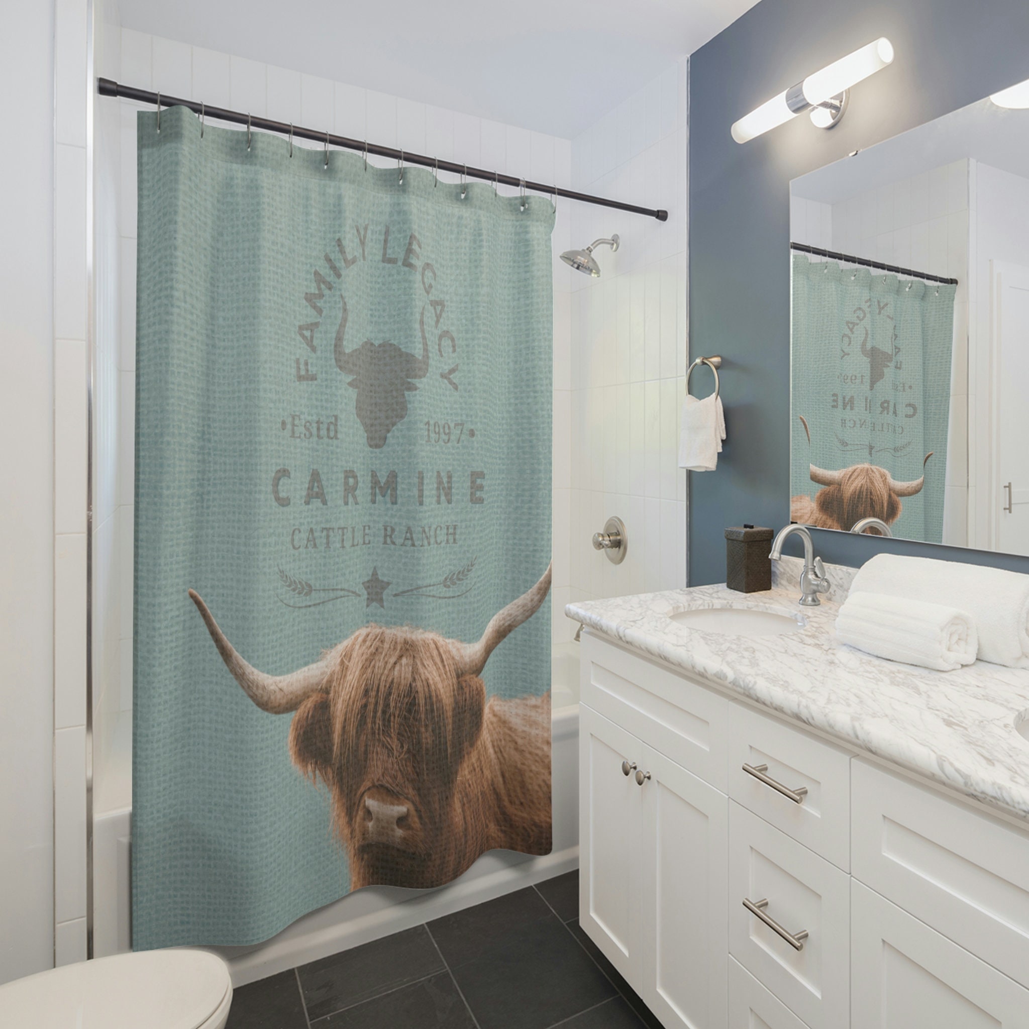 Fluffy Cow Bath Decor Shower Curtain - Rustic Cattle Farmhouse Curtain With Burlap Grain Sack Effect