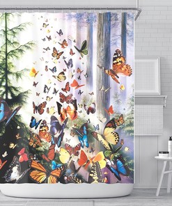 Flying Butterflies Forest Shower Curtain - Forest Tree Insect Animal Shower Curtain With Waterproof Washable Design
