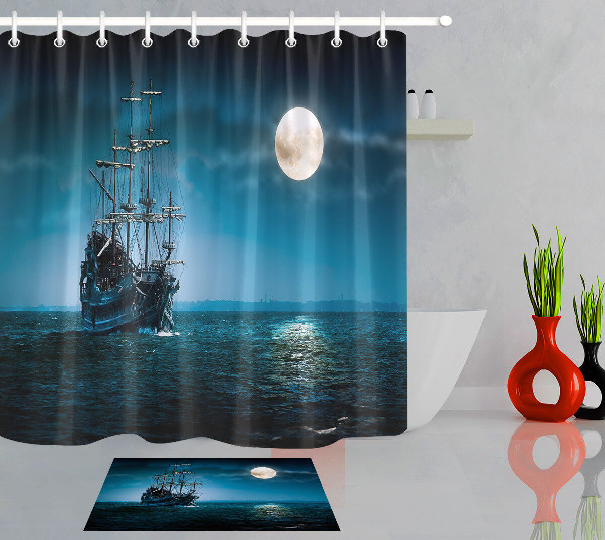 Flying Dutchman Pirate Ship Shower Curtain - Waterproof Fabric Curtain With Classic Pirate Ship Design