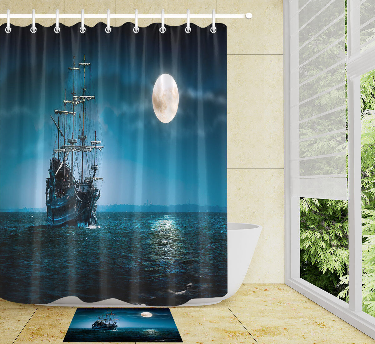 Flying Dutchman Pirate Ship Shower Curtain - Waterproof Fabric Curtain With Classic Pirate Ship Design