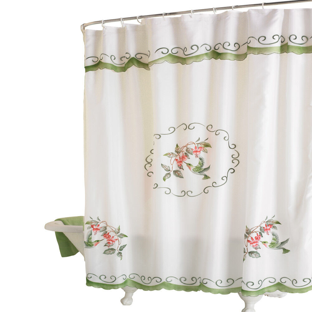 Flying Hummingbird Shower Curtain - Spring Blooms Flowers Bath Curtain Featuring a Melodic Theme