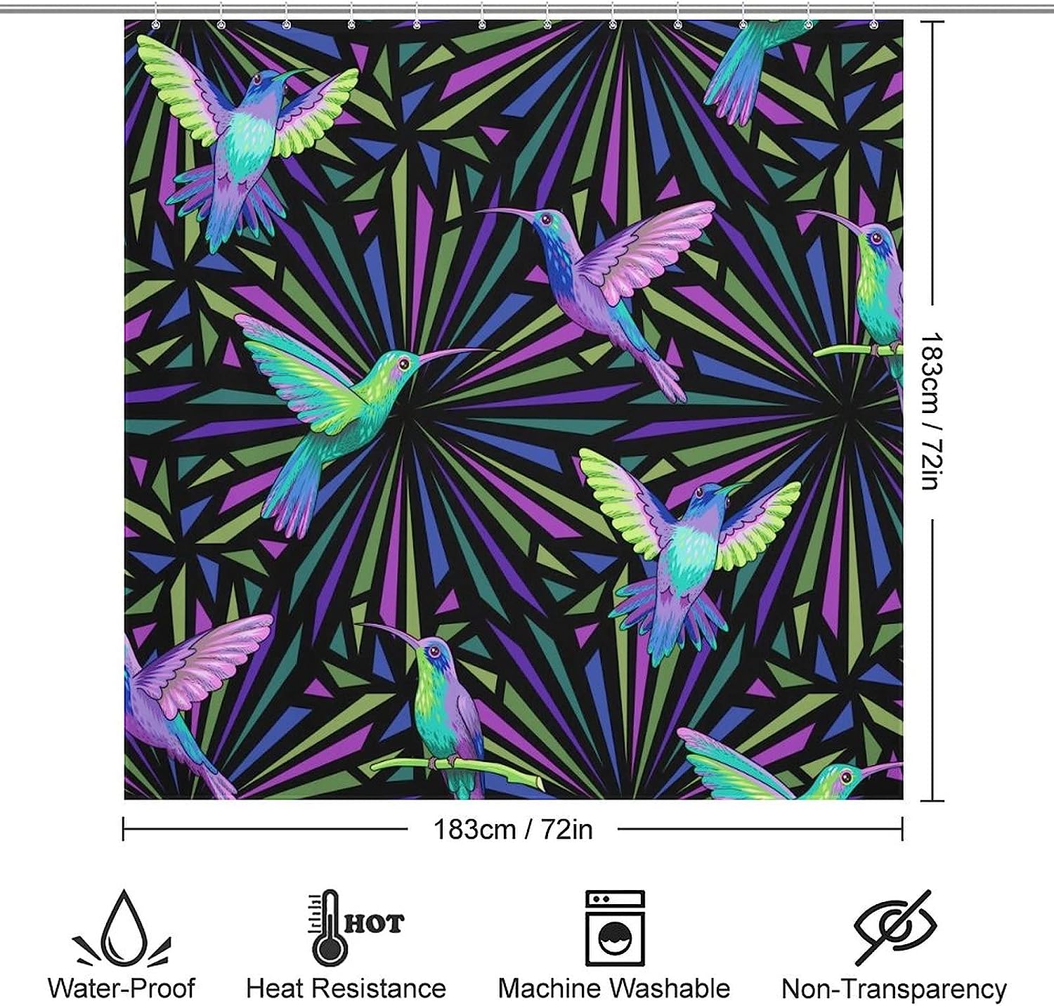Flying Hummingbirds On Dark Shower Curtain - Waterproof Bath Curtain With Metal Grommet Holes And Stylish Design