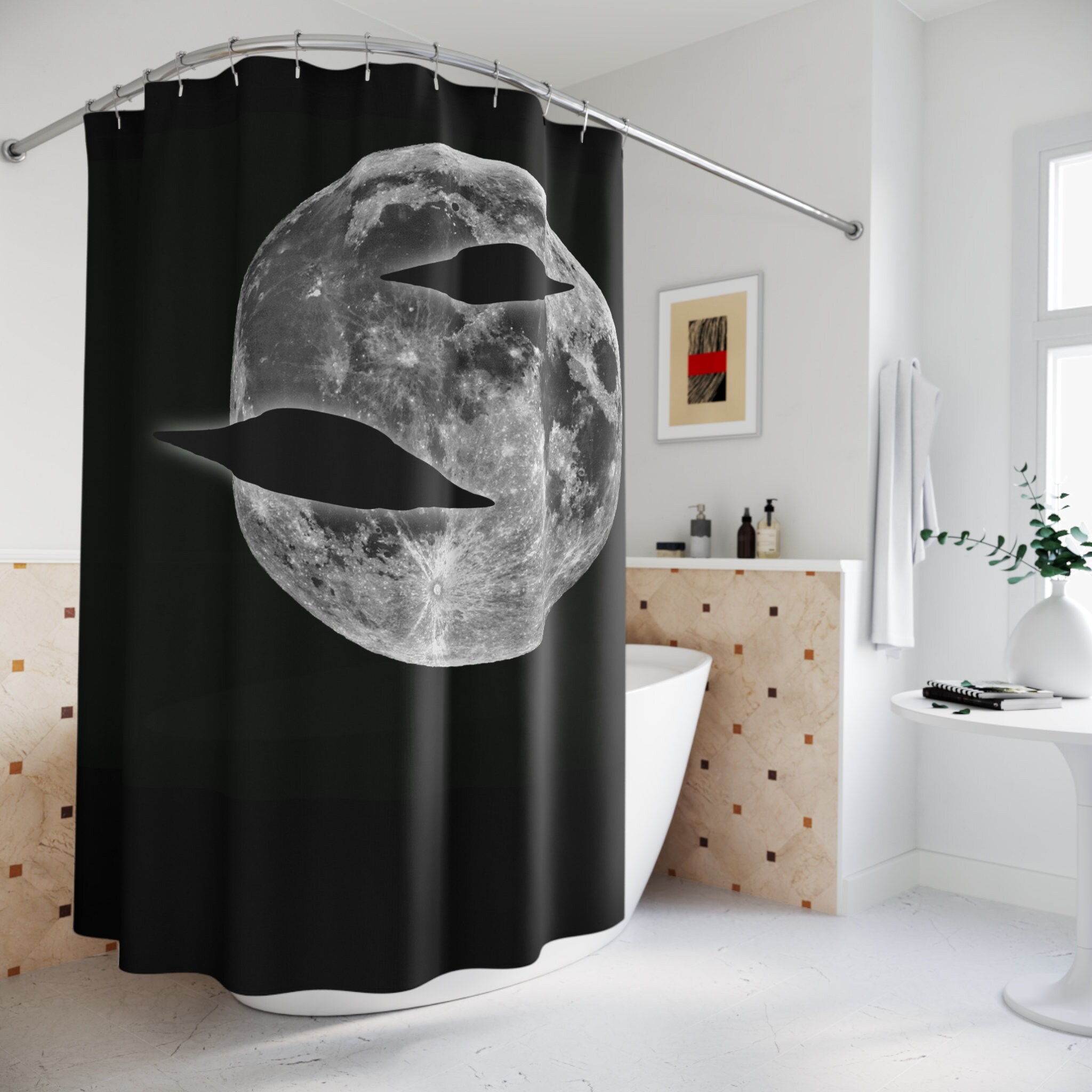 Flying Saucer And Moon Shower Curtain - Creative And Waterproof Fabric Shower Curtain