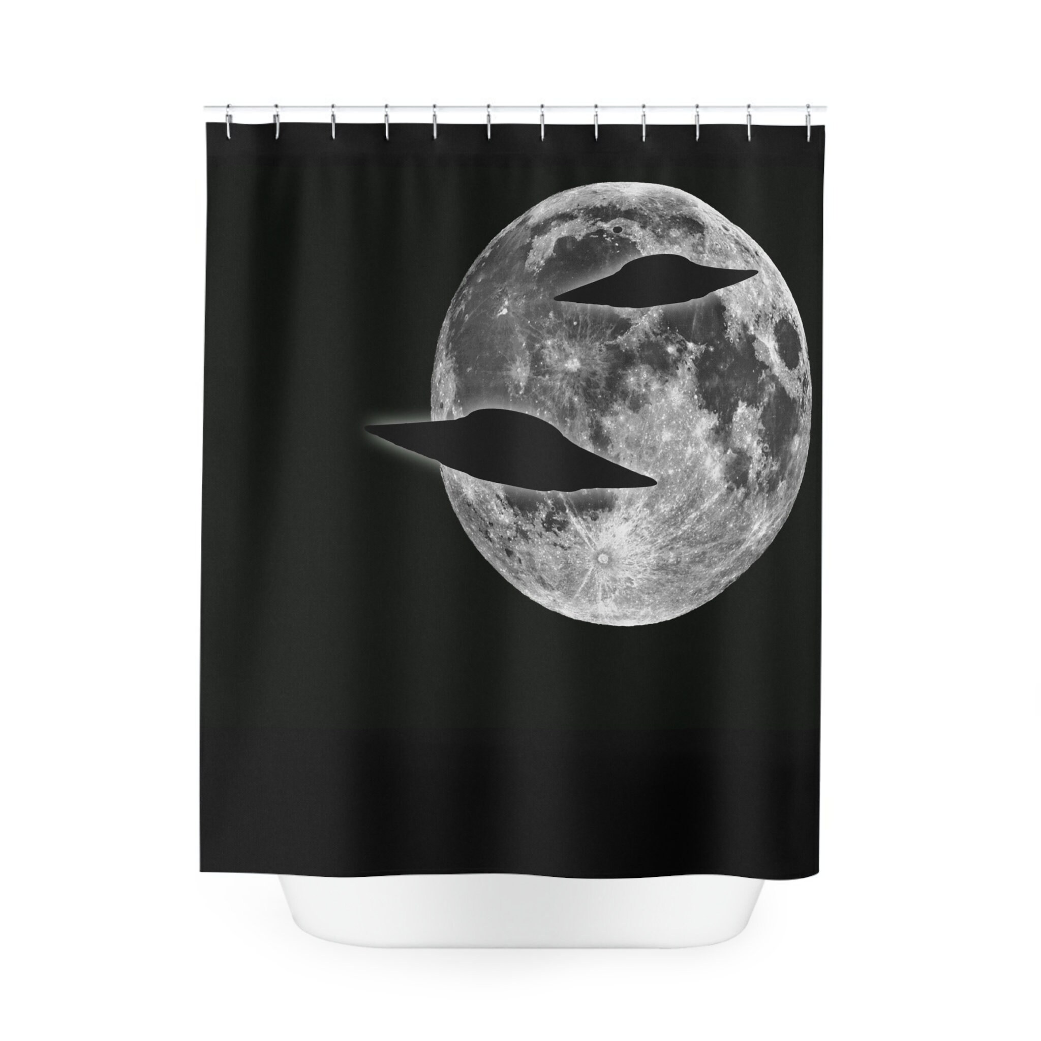 Flying Saucer And Moon Shower Curtain - Creative And Waterproof Fabric Shower Curtain