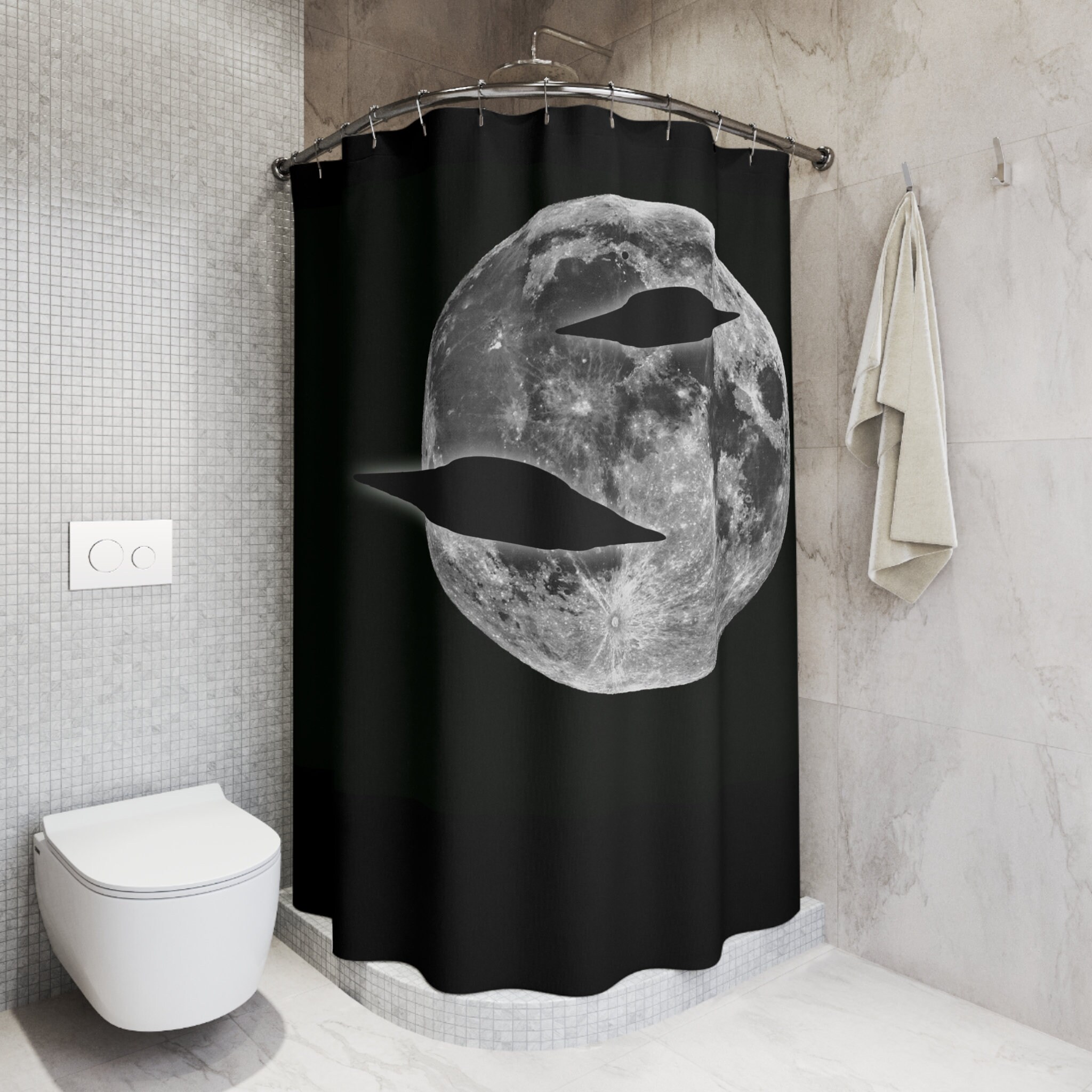 Flying Saucer And Moon Shower Curtain - Creative And Waterproof Fabric Shower Curtain
