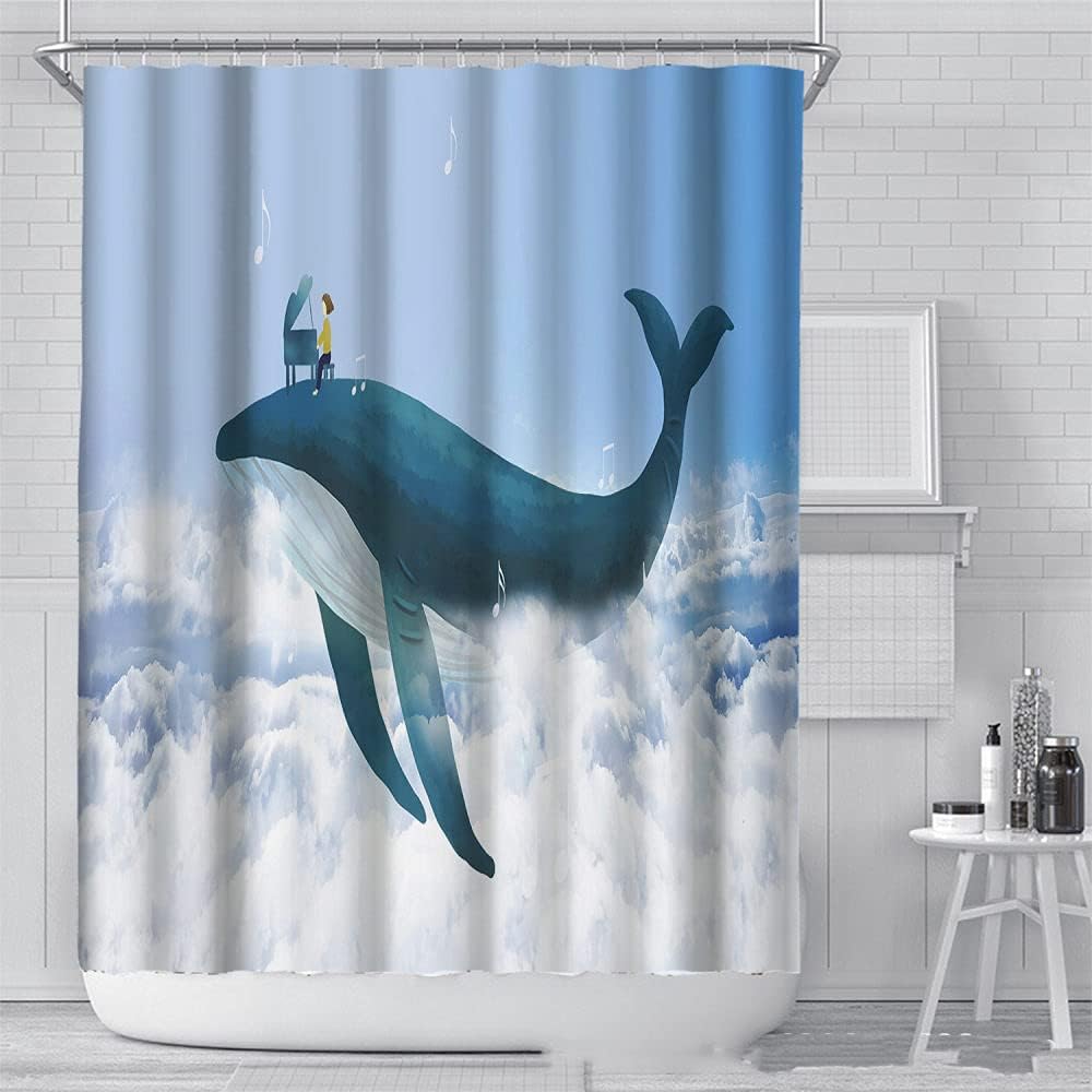 Flying Whale Girl Shower Curtain - Cool Bathroom Curtain with Heavy Duty Waterproof Liner