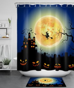Flying Witch And Moon With Pumpkins On Halloween Night Shower Curtain